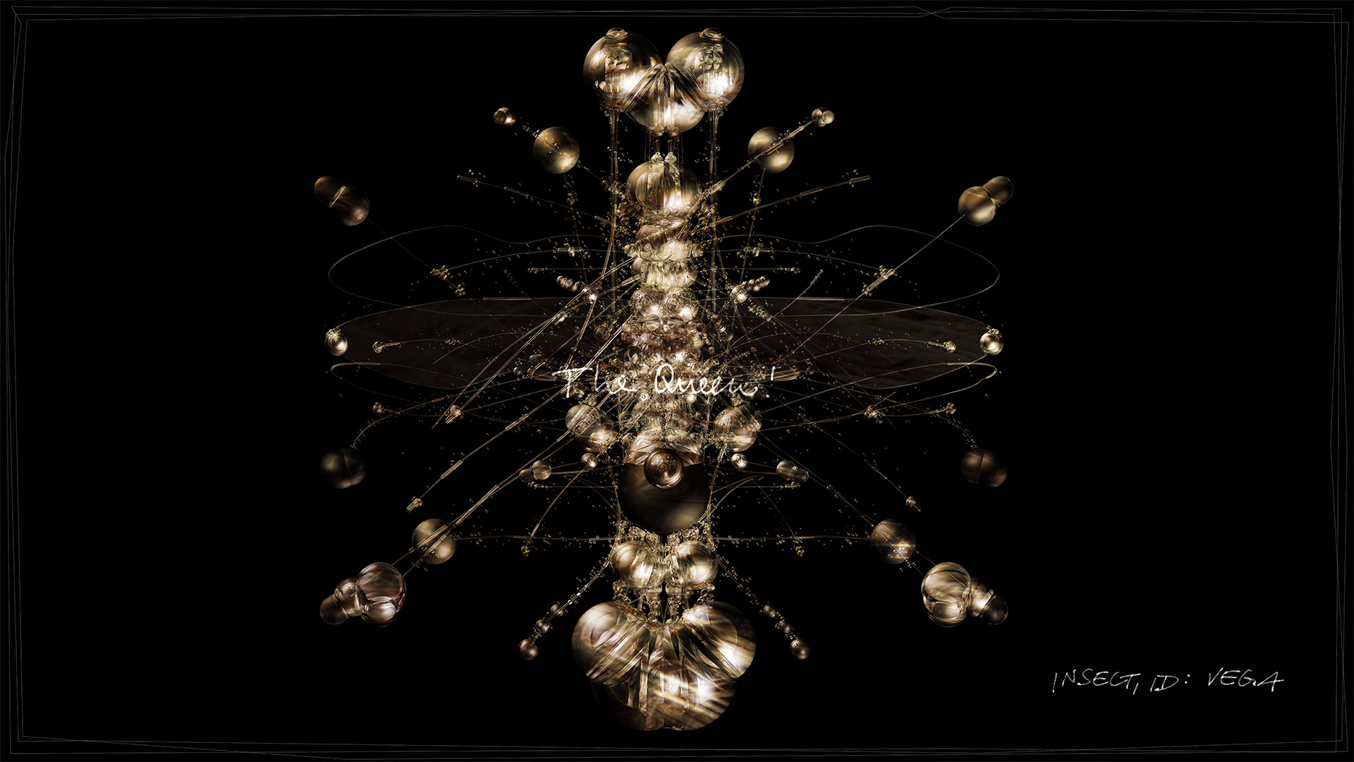 Still from the animation. A shimmering golden, abstract insect queen is presented against a black background. Semi-transparent insights into the many details of a fantastic creature. The digital artwork bears the handwritten title: - INSECT, ID: VEGA -. Above the figure is written - The Queen! -.