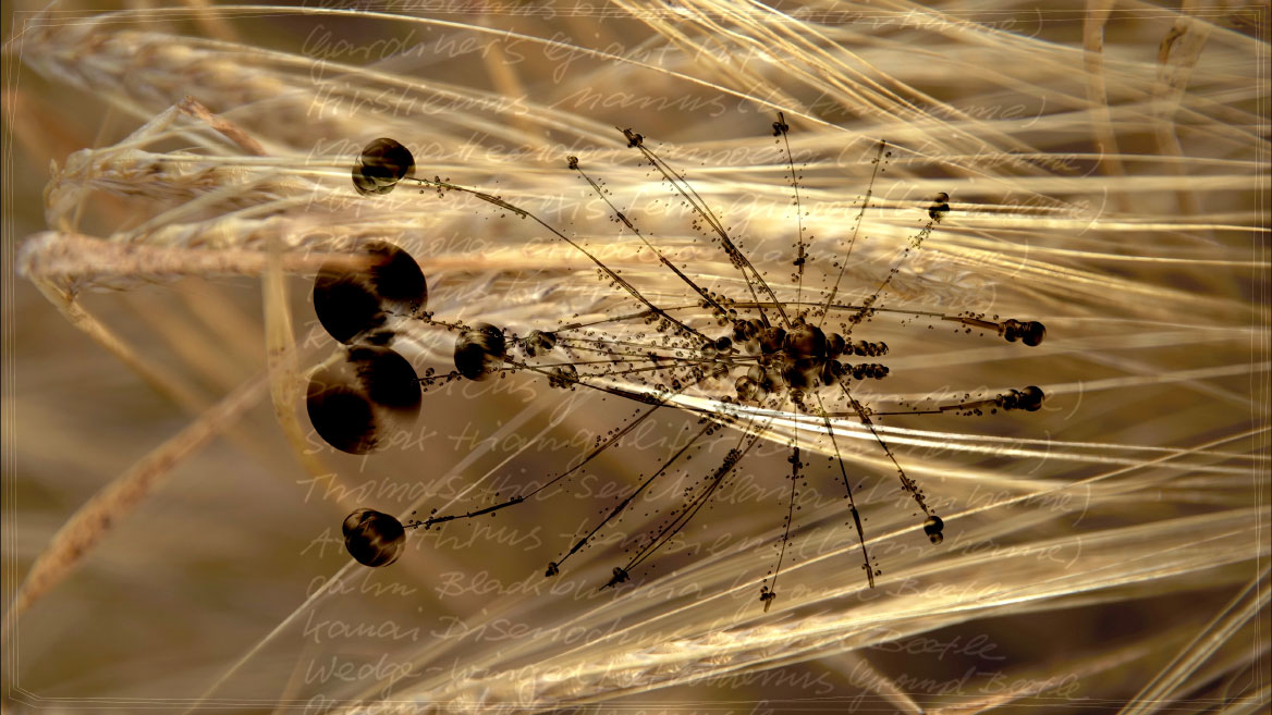 Standbild aus der Animation. Dasselbe Insekt vor den goldenen Ähren eines Kornfeldes.