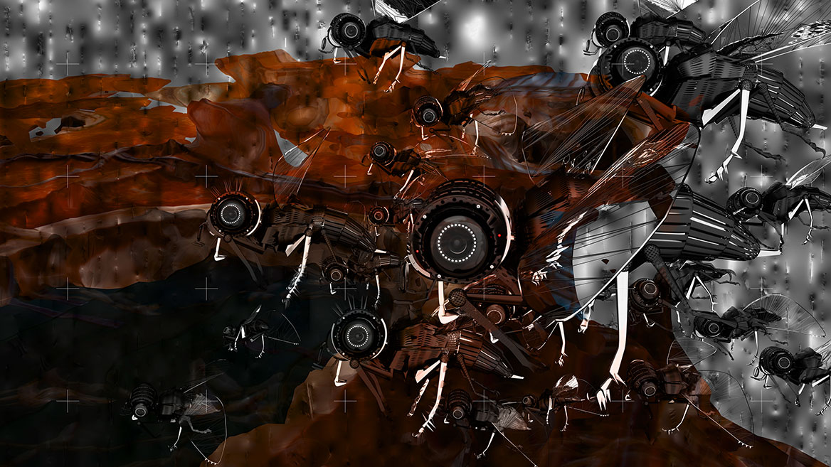 A swarm of mechanical flies flies from right to left into the picture format. Surveillance cameras instead of compound eyes reveal the potential of tiny surveillance drones.