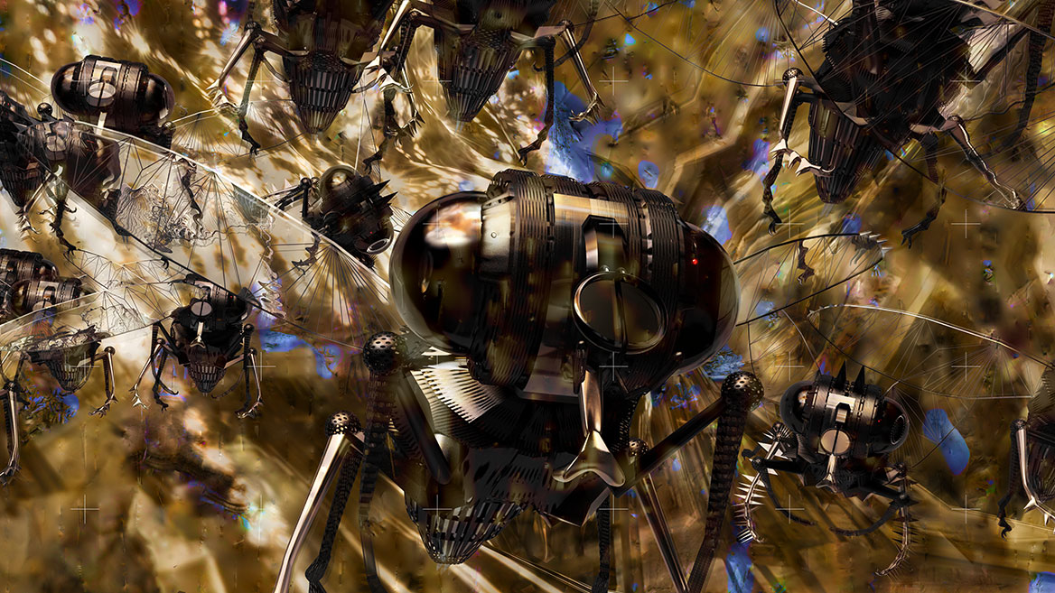 The frontal view of a swarm shows the details of the sensors and the mechanical elements. The surveillance flies approach the viewer menacingly.