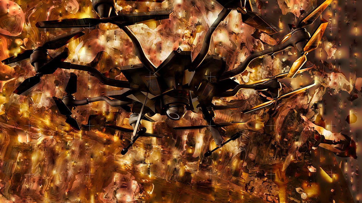 A swarm of surveillance drones lines up above white landscape. The rugged backdrop is digitally painted in white, red and brownish hues. Below the front drones, the lenses of the surveillance cameras are clearly visible.