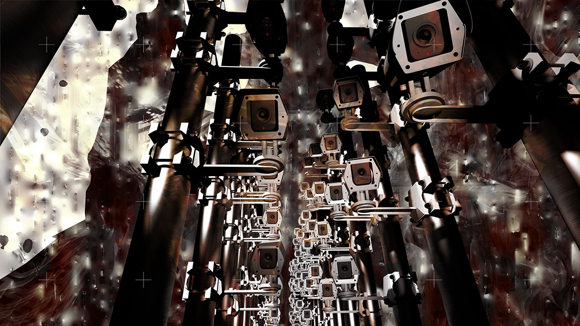 Uncounted surveillance cameras aligned in an avenue of iron masts and optical lenses. The apocalyptic-looking background of the picture is painted in light-breaking brown tones and looks like a gloomy forest.