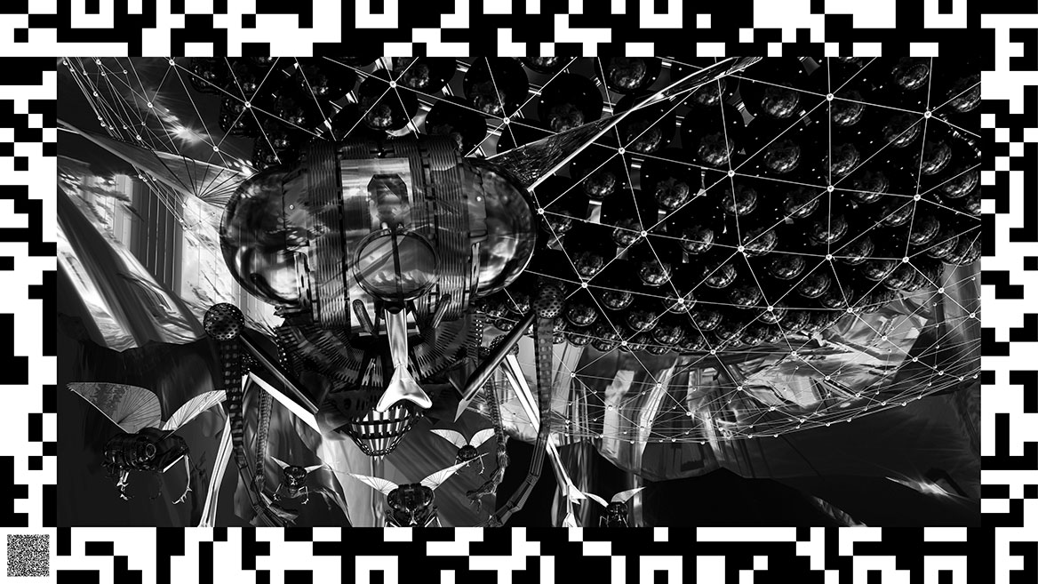 A futuristic, mechanical flying insect looks at the viewer head-on. In the background, more surveillance flies can be seen following below a large dome in a swarm. The dome consists of loud surveillance cameras.