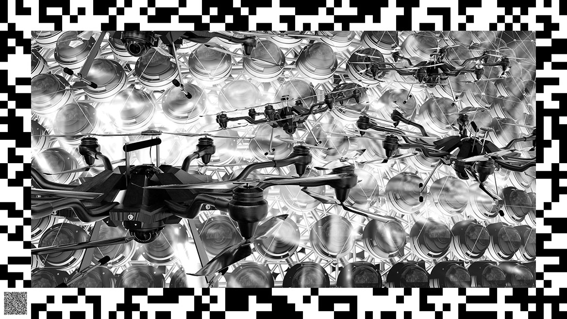 The same swarm of surveillance drones against a different image background.