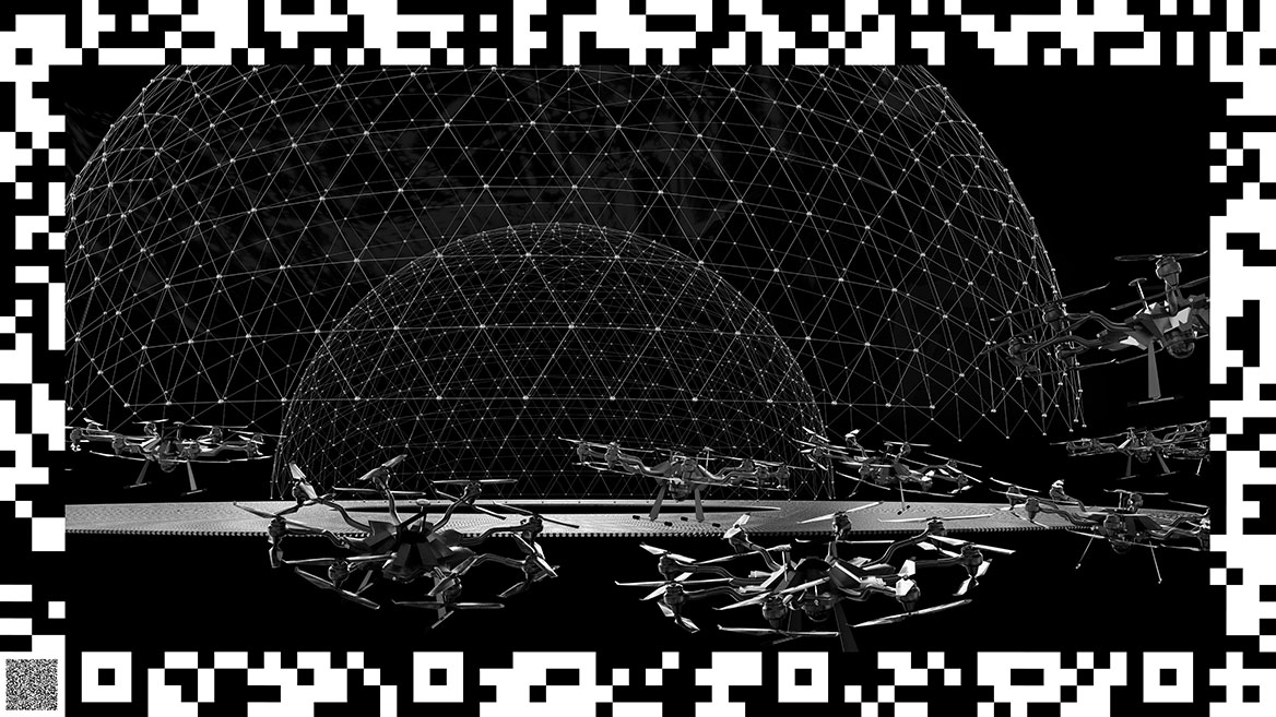 In another wide shot, the network structures of the domes can be seen in the overview. A swarm of surveillance drones patrols in the foreground.