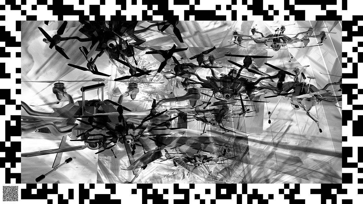A swarm of drones flies head-on toward the viewer. Surveillance cameras are installed under the drones, which are aimed at the viewer.