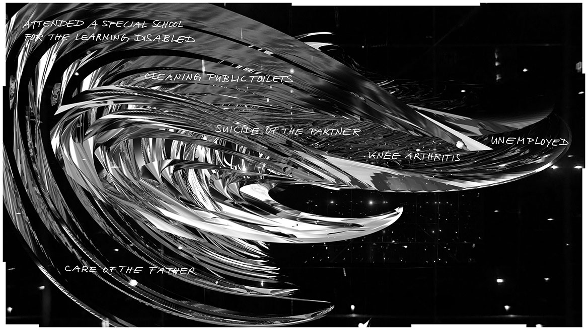 In a cosmic impression, in which many stars shine against a black background, many elegant conductor paths swing from left to right within the digital black-and-white painting. The structure of bundled data is meant to abstractly stand for a human life. Calligraphic inscriptions, which are distributed over the entire surface of the picture and follow the data paths, give in keywords the most important stations in the life of the fictitious person Marie: Attended a special school for the learning disabled, Cleaning public toilets, Suicide of the partner, Care of the father, Knee arthritis, Unemployed. The edge of the picture is divided rhythmically into segments that break up the classic rectangular contour of the picture surface.