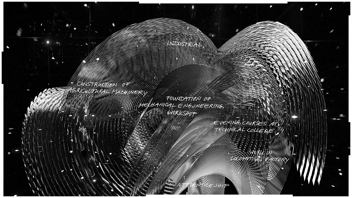 In a cosmic appearance, in which many stars shine against a black background, layers of conductors oscillate and interpenetrate. The digital painting is visualized in black and white.