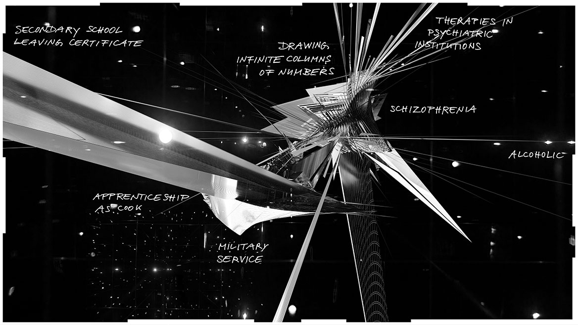 In a cosmic appearance, in which many stars shine against a black background, rectilinear rays cumulate in a focal point. The image is visualized in black and white. The clustered data is meant to abstractly represent a human life. Calligraphic inscriptions, which are distributed over the entire surface of the picture and follow the data paths, give in keywords the most important stations in the life or the vita of the fictitious person Leon: Secondary school leaving certificate, Apprenticeship as cook, Military service, Schizophrenia, Drawing infinite columns of numbers, Therapies in psychiatric institutions, Alcoholic. The edge of the picture is divided rhythmically into segments that break up the classic rectangular contour of the picture surface.