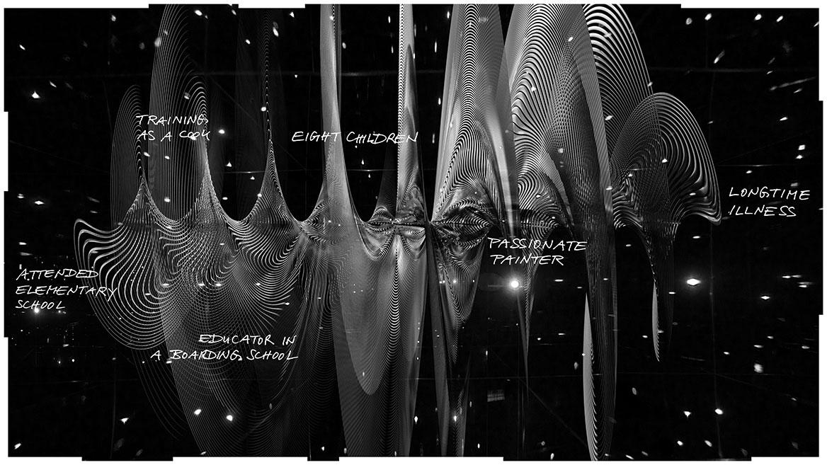 In a cosmic appearance, in which many stars shine against a black background, conductive paths rotate in a spiral. The image is visualized in black and white. The traces are supposed to abstractly stand for a human life. Calligraphic inscriptions, which are distributed over the entire picture surface and follow the data tracks, give in keywords the most important stations of life or the vita of the fictitious person Elizabeth: Attended elementary school, Training as a cook, Educator in a boarding school, Eight children, Passionate painter, Longtime illness. The edge of the picture is divided rhythmically into segments that dissolve the classic rectangular contour of the picture surface.