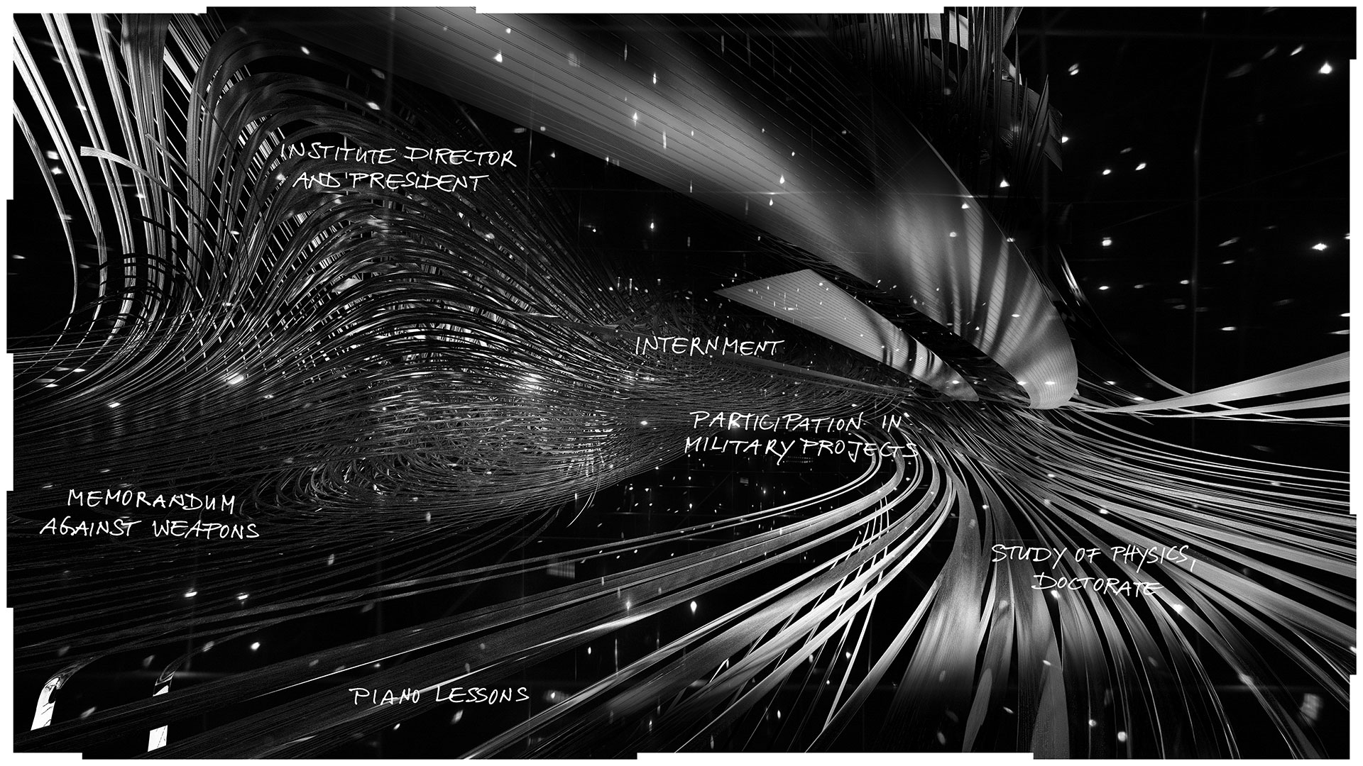 In a cosmic impression, in which many stars shine against a black background, many elegant conductor paths swing towards the center of the digital painting, which is visualized in black and white. In the background, the traces expand further before bundling again. The bundled data is meant to abstractly represent a human life. Calligraphic inscriptions, which are distributed over the entire surface of the picture and follow the data paths, give in keywords the most important stations in the life or the vita of the fictitious person William: Piano lessons, Study of physics, doctorate, Participation in military projects, Internment, Institute director and president, Memorandum against weapons. The edge of the picture is divided rhythmically into segments that break up the classic rectangular contour of the picture surface.
