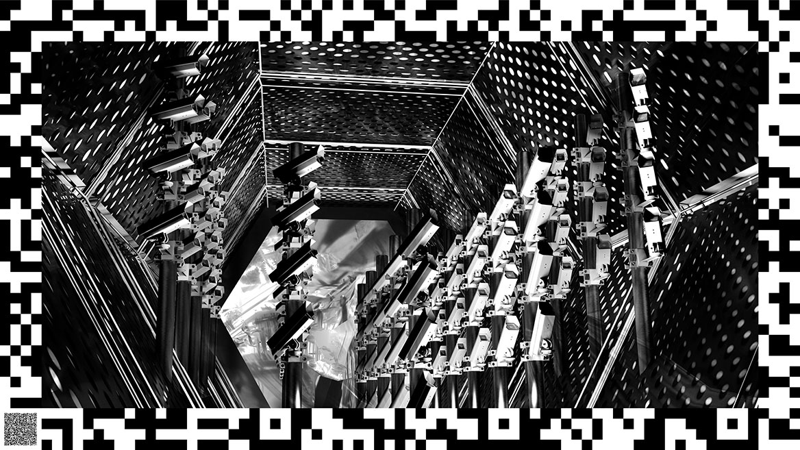 Eine weitere Ansammlung von Überwachungskameras in einem metallischen Tunnel sind auf einen fiktiven Punkt nach oben rechts ausgerichtet.