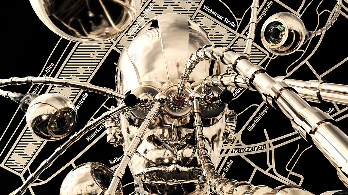 Frontal view of a robot. The futuristic face with several eyes focuses the viewer. In the background is a map with Munich street names. Rich Munich residents live in the area. The scene is digitally painted in golden, metallic colors in 3D.