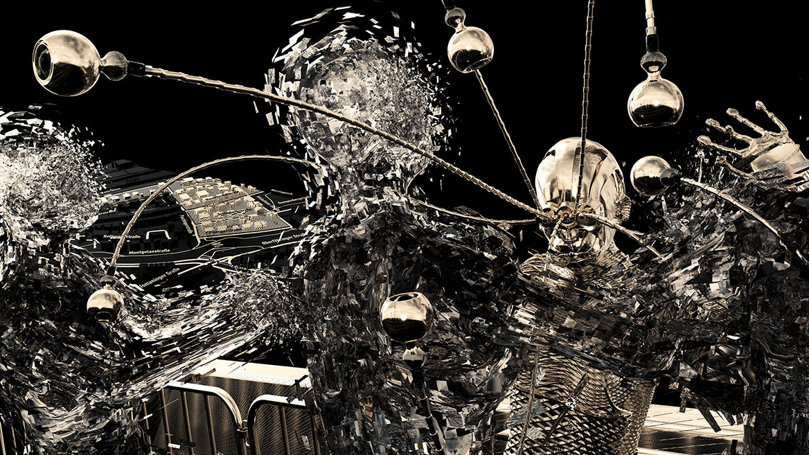 The superiority of the sinister beings invading the terrain seems to decide the confrontation. One of the beings harasses and violently pushes the surveillance robot away. The golden robot’s artificial eyes dart away from its head in all directions.