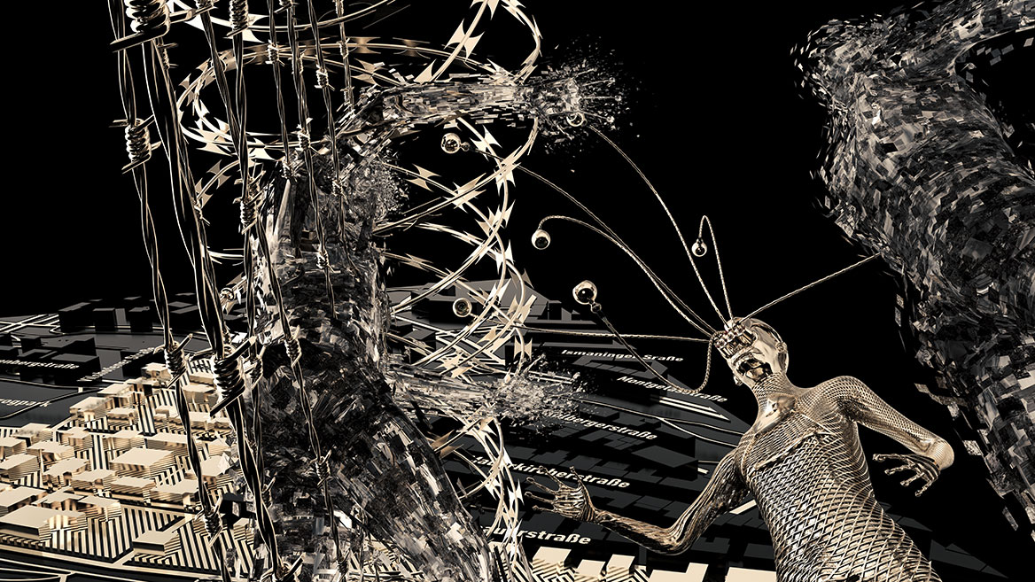 With more distance to the scene, this digital painting reveals how two of the mystical, fragmentary human beings penetrate the border fence of barbed and S-wire and walk past the robot – into the restricted zone of the rich.