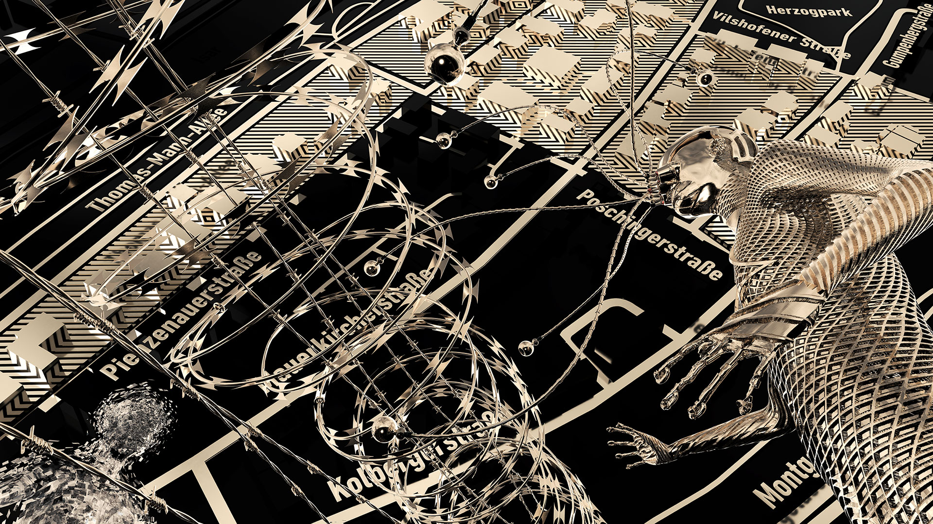 The first digital painting in the series depicts a futuristic, many-eyed creature, a surveillance robot, standing on one side of a spiked border fence. Several technical eyes, protruding far from the robot's head through extension lines, eye a dark, fragmentary being composed of many fragments standing on the other side of the border. The lines of the technical eyes end in a futuristic pair of glasses. In the background is a stylized city map in 3D, abstractly depicting a section of Munich's Herzogpark neighborhood, where wealthy Munich residents live. All the images in the series are in metallic gold tones, the image backgrounds are kept in deep black.
