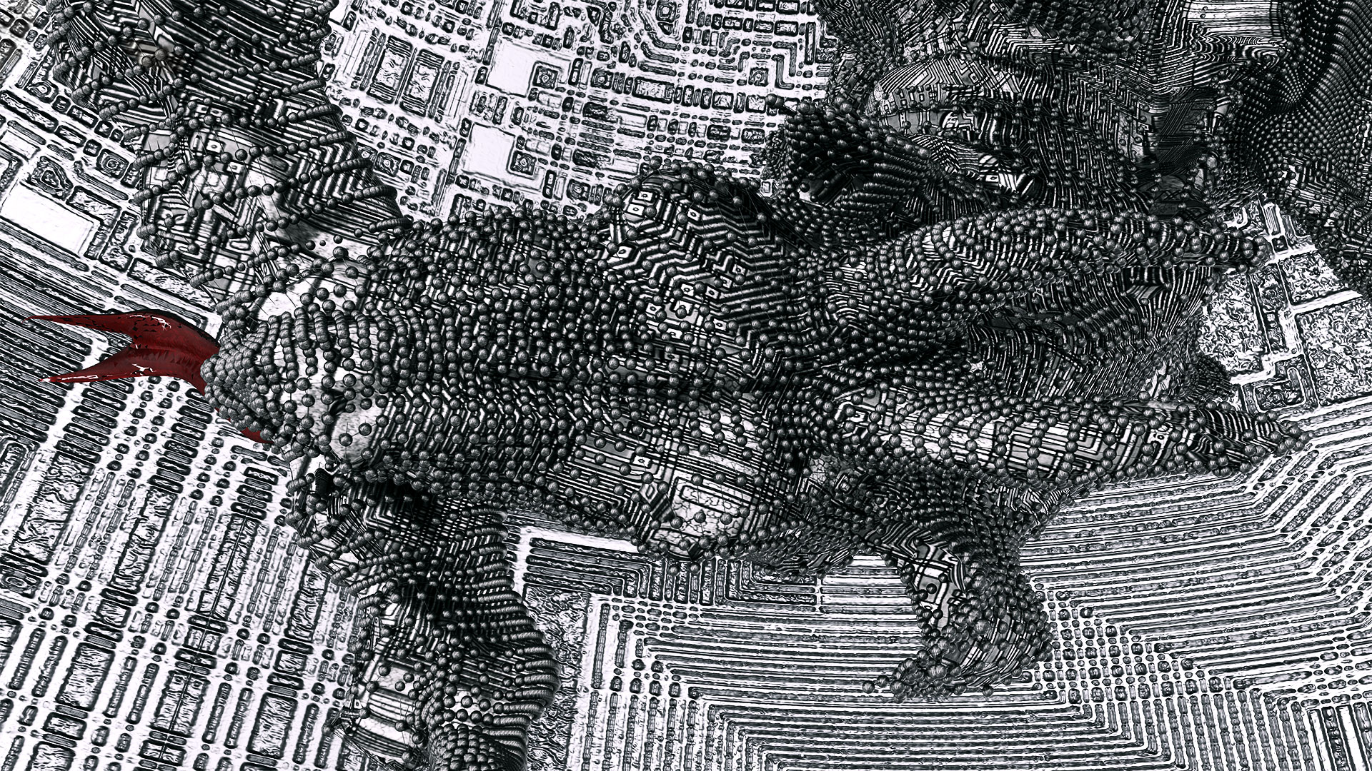 Detail of the head from above. Except for the sword, blood and dragon’s tongue, all the tonal values of the picture series are in black and white, which have a metallic appearance.