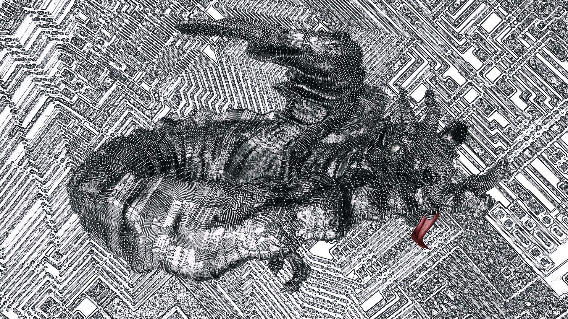 The dragon bites its own tail and forms a circular shape. The forked, red tongue sticks out of its mouth. In all digital works of the picture series the complete background is covered with a pattern symbolizing electronics.