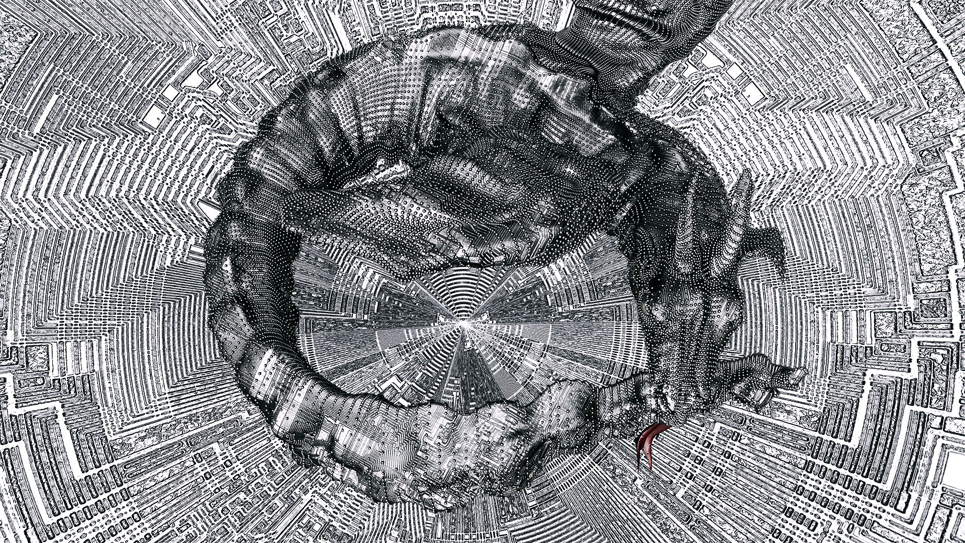 Perspective from above on the dragon winding into a circle. The urban background pattern also depicts circular shapes.