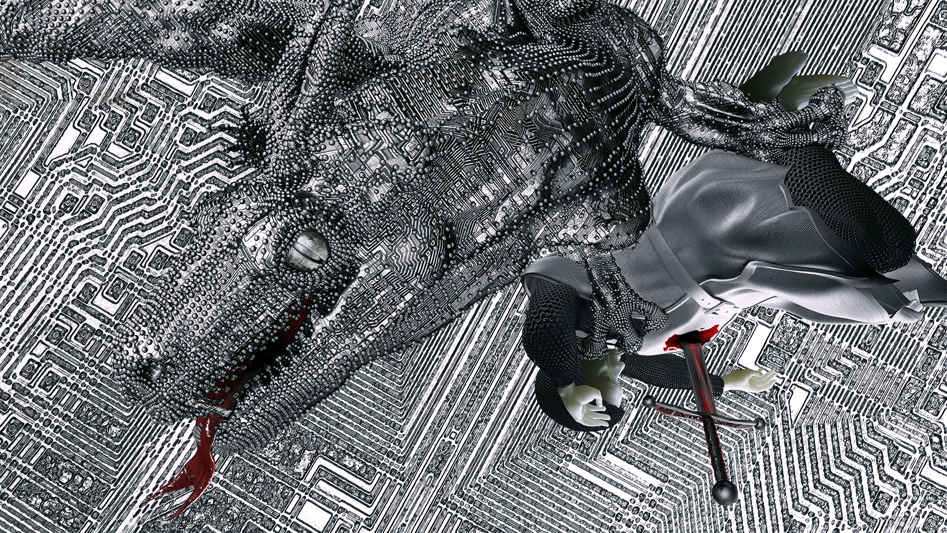 An artificial dragon, its skin constructed of microchips and electronic components and fully covered with circuits, flies toward the viewer with the dead crusader in its clutches. A forked, red tongue protrudes from the dragon’s mouth. The chest of the crusader is pierced by a red, broken sword. The knight’s feet are bare, he has lost his boots. The background of the picture looks like a metallic labyrinth of microcircuits resembling an abstract urban landscape.