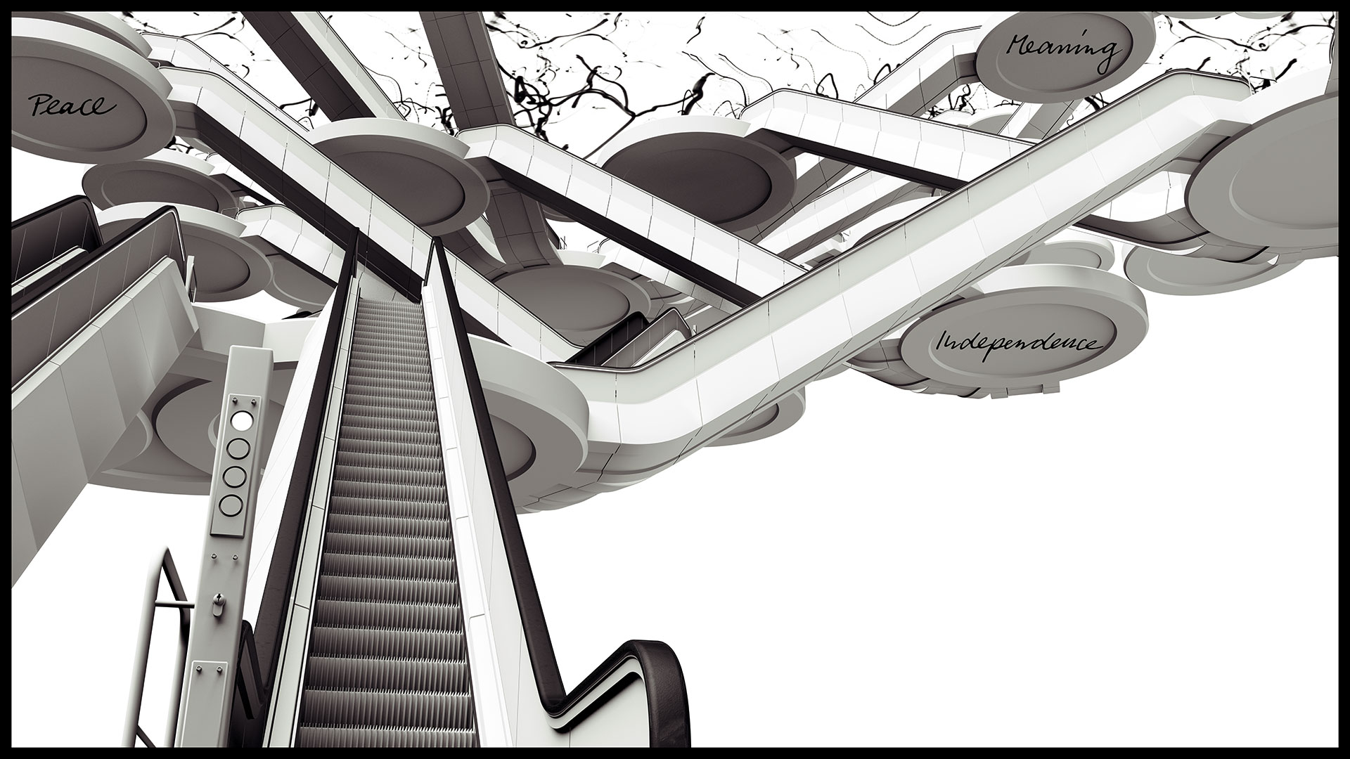 Die Bilder dieser Serie zeigen ein Labyrinth aus Rolltreppen, die in immer höher liegende Etagen führen. Die Verzweigungen der Rolltreppen auf den Etagenplattformen bilden Knotenpunkte eines Netzwerkes aus Wegen. Alle Kompositionen der digitalen Gemälde sind in Schwarz-Weiss gehalten. Auf den Rolltreppen und Plattformen sind schwarze Lichtspuren aus Lichtmalereien gesetzt, die teilweise chaotisch wirken und einen grossen Kontrast zu den exakten 3D-Visualisierungen der Rolltreppen bilden. In der ersten Komposition blickt der Bildbetrachter eine zentrale Rolltreppe hinauf, nach oben eröffnen sich viele Abzweigungen. Der Betrachter hat die Wahl, verschiedenen Wegen zu folgen – wie im realen Leben. Drei Plattformen sind kalligraphisch mit den Wörtern ›Peace‹, ›Meaning‹ und ›Independence‹ beschriftet.