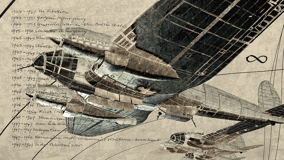 Oblique, frog-eye view of the underside of a bomber with the bomb bay open. Iridescent blue tones of the aircraft hull form a nuanced color contrast to the beige color tones.