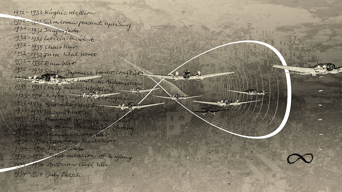 A bomber squadron flies head-on toward the viewer. The infinity loops staggered in depth have the effect of a time tunnel.