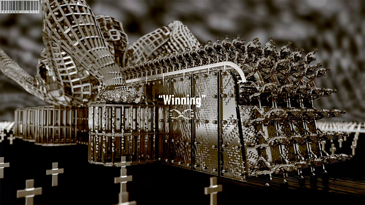 Still image from the animation. Long shot (across the corner) of the machinery. The English word -Winning- stands in white typography in the center of the image and is set with quotation marks. Below it is the mathematical infinity sign, which rotates almost continuously around an invisible vertical axis in the animation.