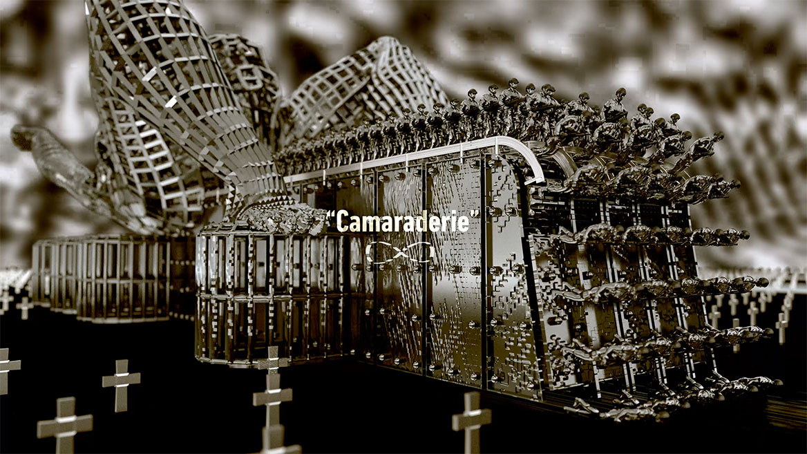 Still image from the animation. Long shot (across the corner) of the machinery. The English word -Camaraderie- stands in white typography in the center of the image and is set with quotation marks. Below it is the mathematical infinity sign, which rotates almost continuously around an invisible vertical axis in the animation.
