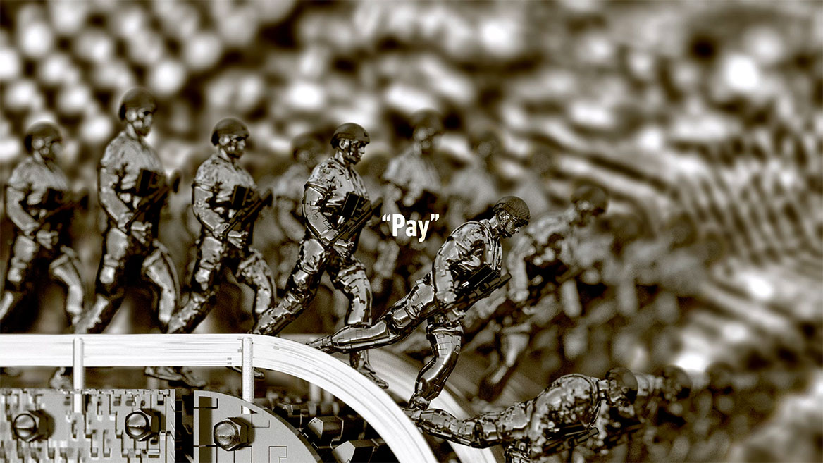 Still from the animation. Half-length shot of the rows of soldiers, seen from the side. The English word -Pay- stands in white typography in the center of the image and is set with quotation marks. Below it is the mathematical infinity sign, which rotates almost continuously around an invisible vertical axis in the animation. The following images are seamlessly strung together and look like a filmstrip.