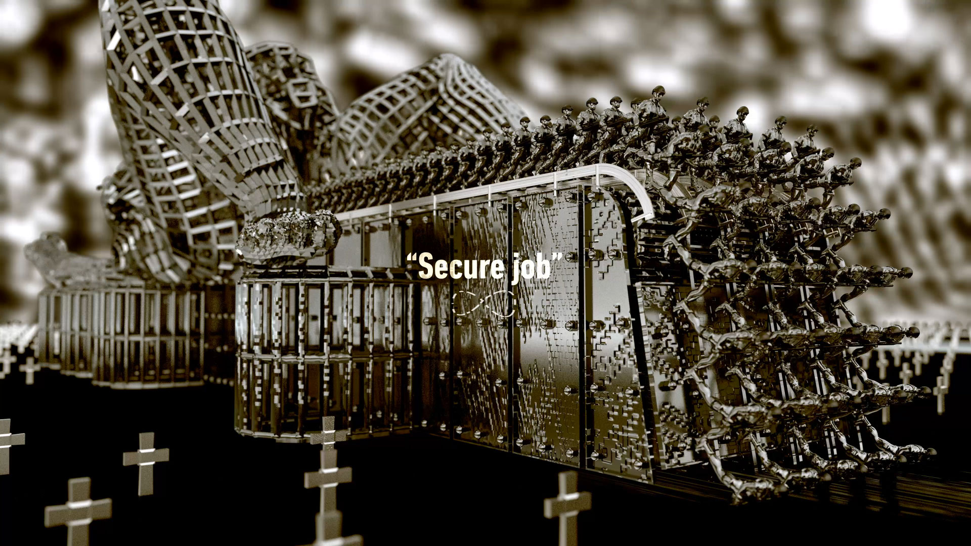 Still from the animation. Long shot. A mechanical construction, in the form of a woman lying on her back, is part of a huge machine. Soldiers march out of the construction in rows on parallel conveyor belts, as if in a mass production facility. When they reach the end of the conveyor belts, they move down into the underground - under the earth. The ground is covered with white crosses as far as the horizon. The images in the animation are in shades of gold and brown. The English words -Secure job- appear in white typography in the center of the image and are set with quotation marks. Below them is the mathematical infinity sign, which rotates almost continuously around an invisible vertical axis in the animation.