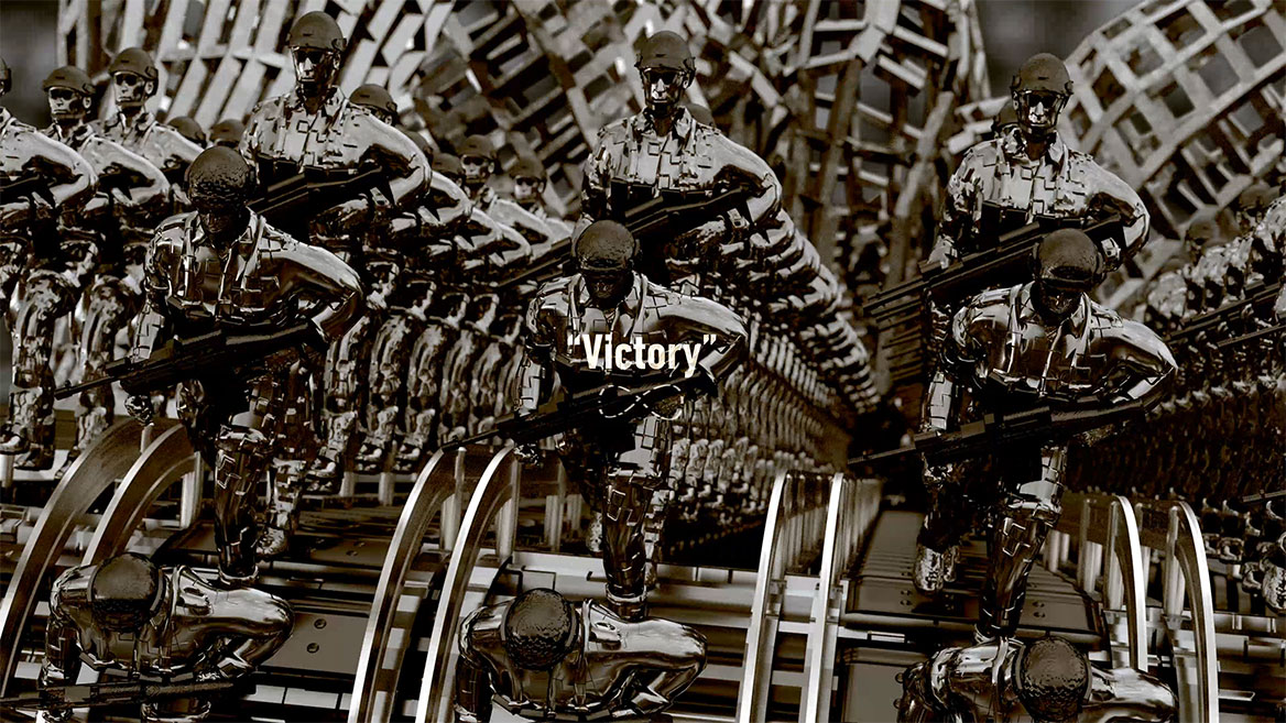 Still from the animation. Half long shot of the rows of soldiers at the front edge of the demolition, on their way down, seen from the front. The English word -Victory- stands in white typography in the center of the image and is set with quotation marks. Below it is the mathematical infinity sign, which rotates almost continuously around an invisible vertical axis in the animation.