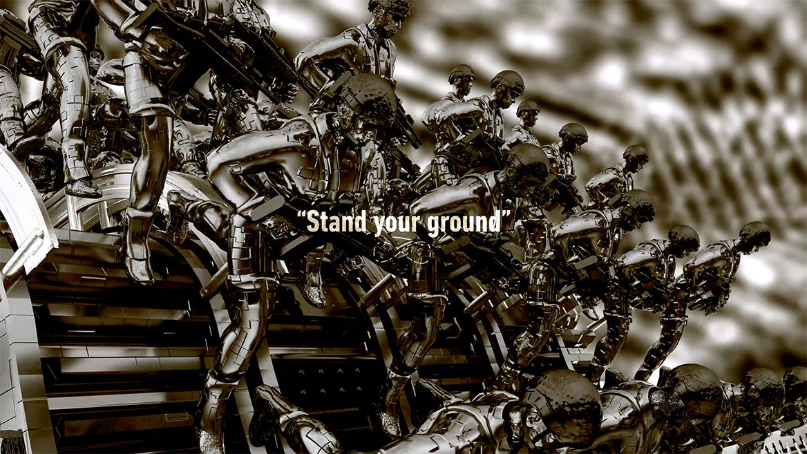 Still from the animation. Half long shot of the rows of soldiers at the front edge of the demolition, on their way down, seen from the side. The English words -Stand your Ground- appear in white typography in the center of the image and are set with quotation marks. Below them is the mathematical infinity sign, which rotates almost continuously around an invisible vertical axis in the animation.