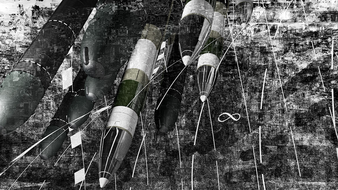 The rockets in the flyby cast striking shadows on the ground.