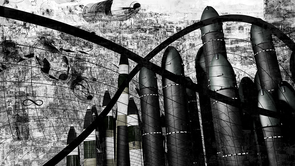 The weapons are lined up vertically next to each other in masses. In the foreground, a black infinity loop shapes the image.