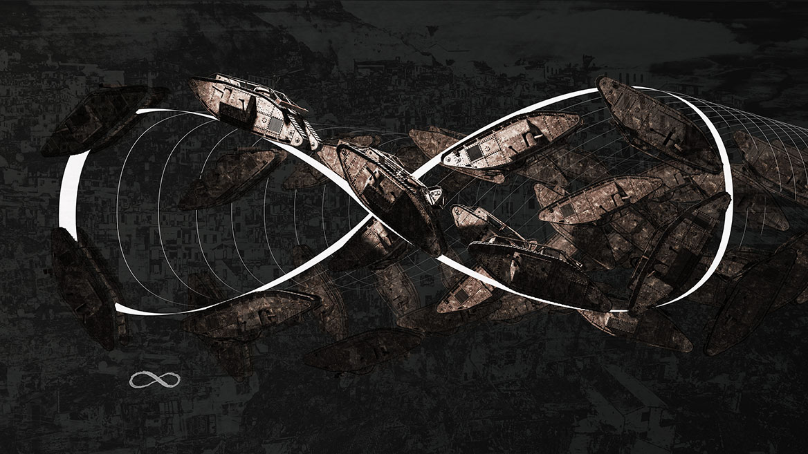 The entire infinity loop is placed centrally on the image background. The long shot with the many tanks creates an overview.