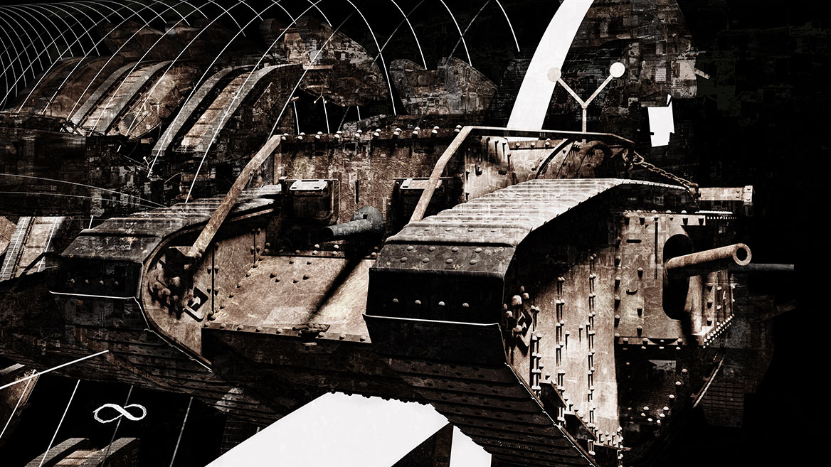 Oblique frontal view of a tank with staggering of many continuous loops into the image depth.