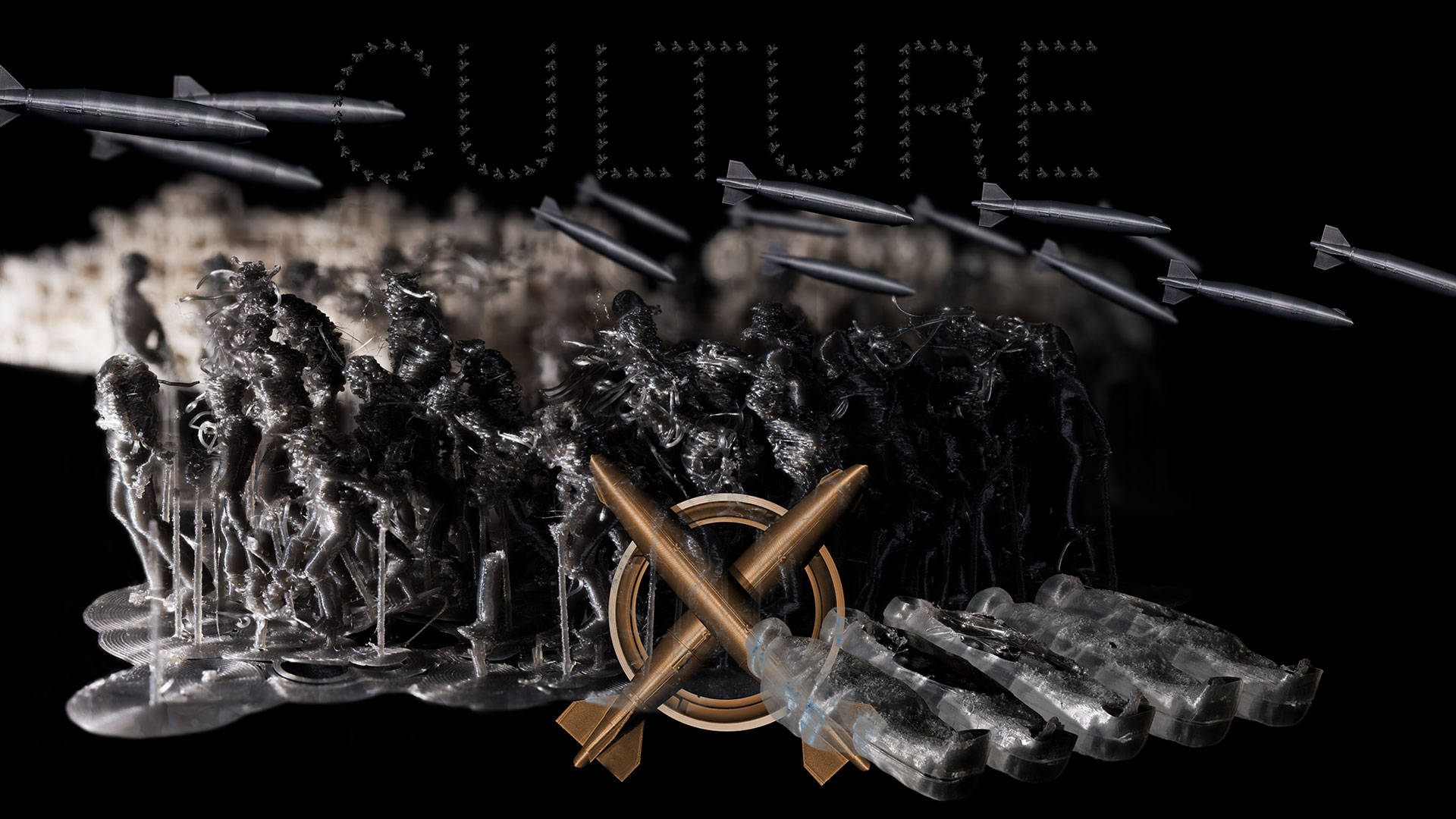The second panel depicts a war scene. A group of people marches from the right rear to the front left of the picture—toward the viewer. The figures are severely deformed due to being printed with a 3D printer. The artist has used the apparent production flaws in the figures as a design element. In the foreground, five corpses lie on the ground in body bags. Many aerial bombs are being dropped above the group. In the background, blurred images of bombed-out ruins can be seen. Analogous to the arrangement, size, and golden color of the dollar sign in the first motif, this image features a coat-of-arms-like emblem depicting two intersecting aerial bombs. Above it all, against a black sky, the word CULTURE is written in many small fly bodies.