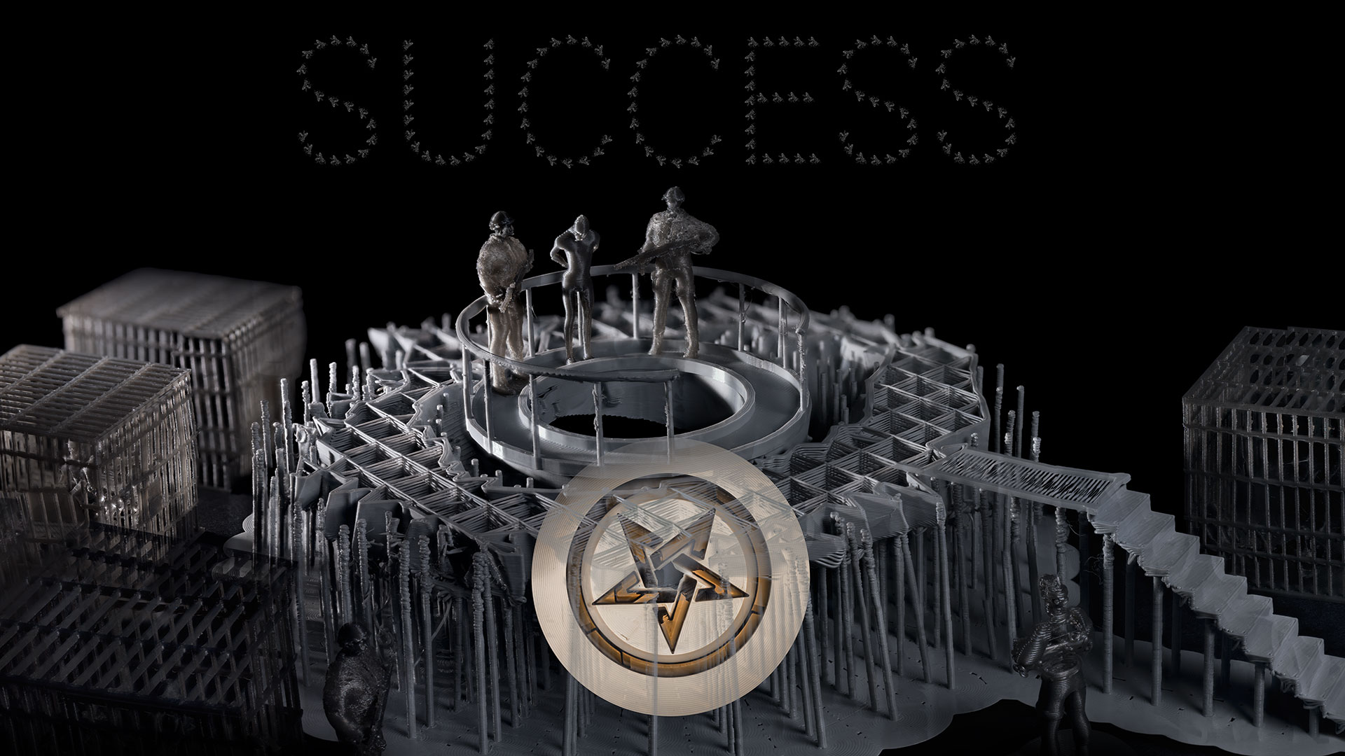 The last motif in the series of images is captioned with the word SUCCESS, again formed from flies. On a raised walkway formed from many steles on a gloomy-looking building, a condemned man stands with his head bowed above a black hole. He is guarded by two soldiers with rifles on his left and right. On the ground floor are several dark prison cages, guarded by additional soldiers. The logo in the foreground shows an upside-down golden pentagram.