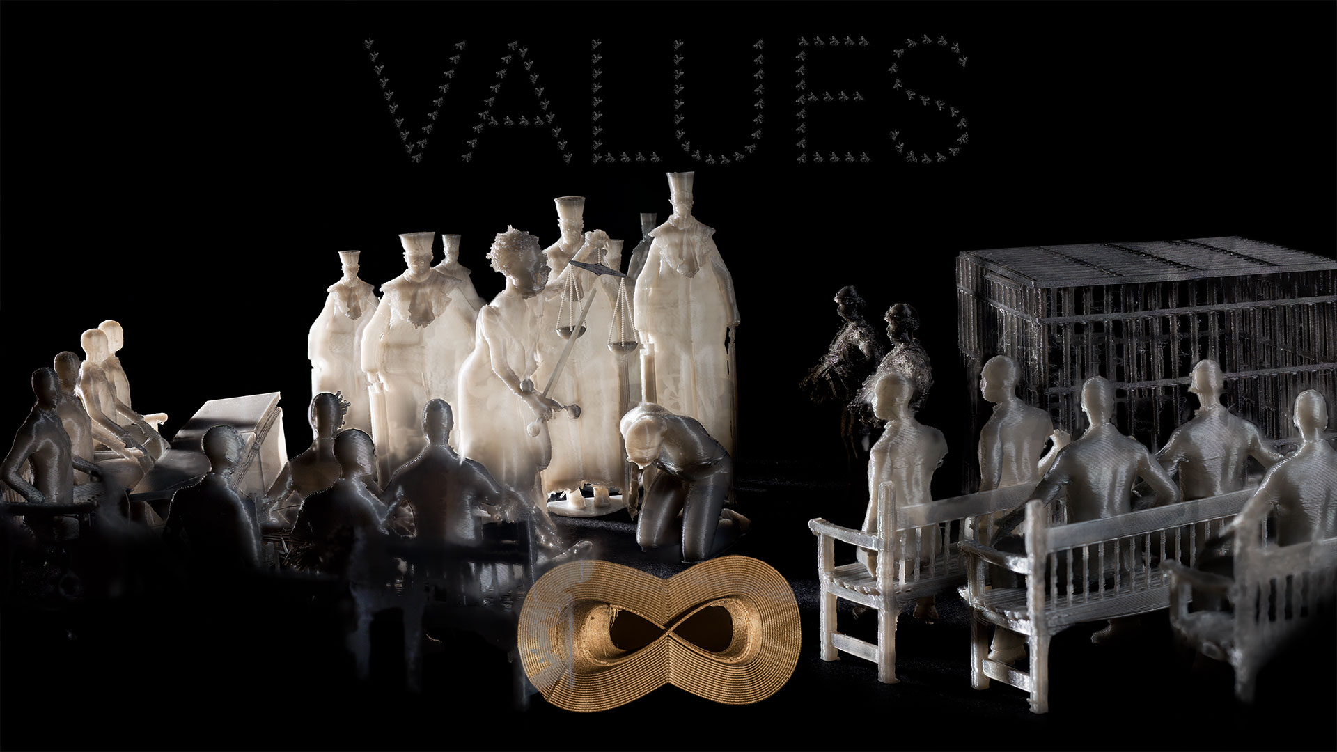 The third image depicts a scene in court. A group of seven judges in their robes stand behind Justitia, the goddess of justice, with her sword and scales, who is passing judgment on a man kneeling and bowing before her on the floor. Justitia is ugly. On the right side of the image is a prison cage with two guards standing in front of it. In the foreground, spectators are seated in rows on benches. On the left side, lawyers are seated at their desks. The golden symbol in the foreground of this image is a three-dimensional infinity loop that resembles a face mask. Above it all, again against a black sky, is the word VALUES, formed from many small fly bodies.