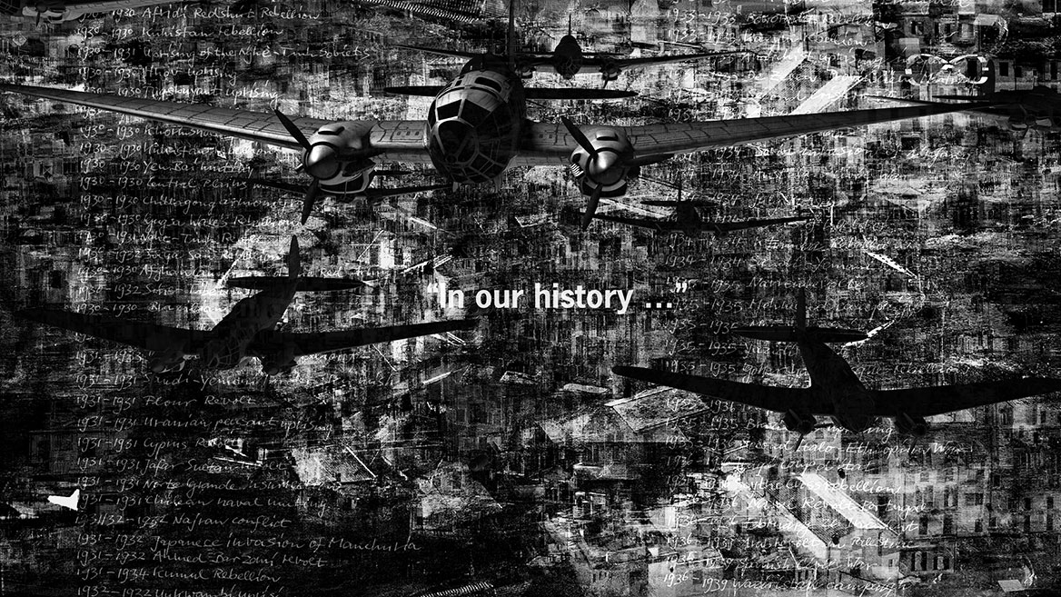 Still image from the animation. The frame shows bombers flying towards the viewer and the superimposed typography ‘In our history ...’.