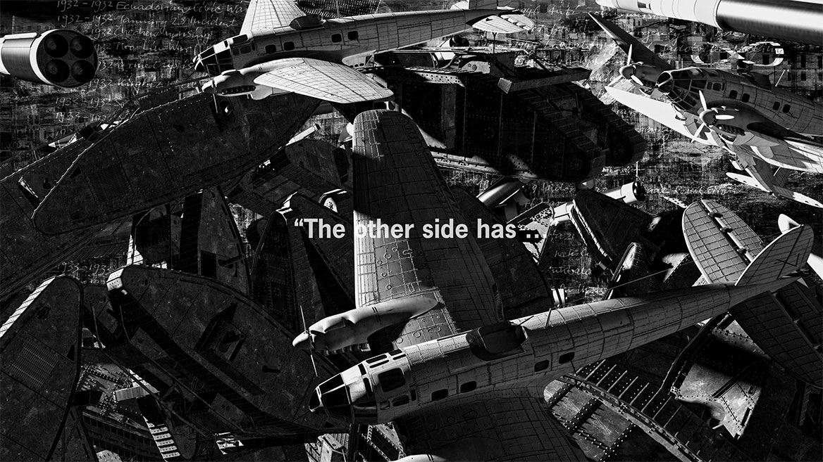 Still from the animation. The image detail shows the circling bombers and the superimposed typography ‘The other side has …’.