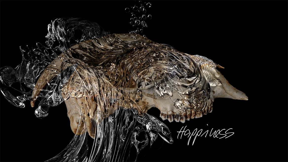 In 3D visualisierte Wasserstrahlen fließen über den knöchernen Schädel einer Ziege. Das Wort -Happiness- steht recht unterhalb des Kiefers. Der Hintergrund des Bildes ist schwarz, durch die Überlagerung der Farben des Ziegenkopfes und der transparenten Wasserstrahlen ergebt sich ein nuanciertes Farbspektrum.