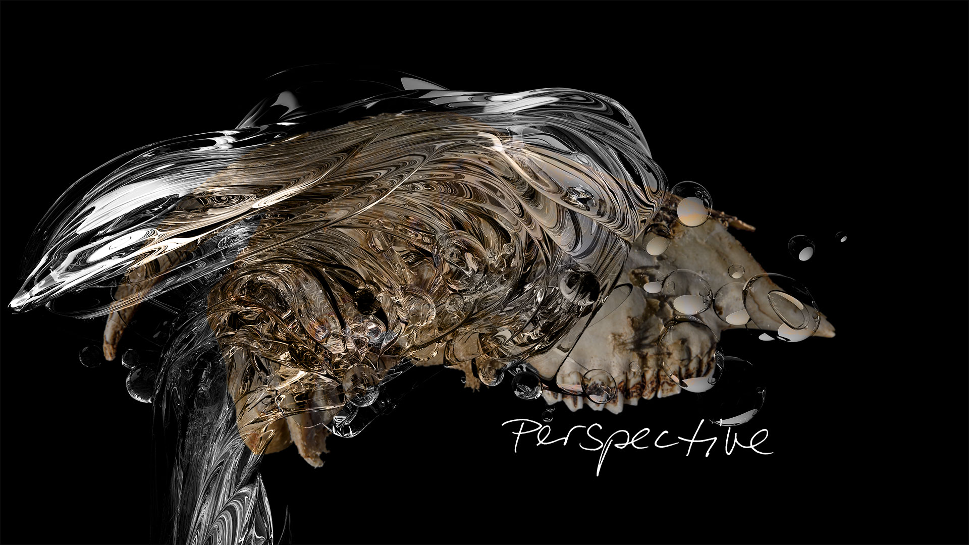 In einer neuen Bildvariante sind neben den geschwungenen Wasserlinien auch Wasserblasen sichtbar. Der Bildtitel des digitalen Gemäldes lautet -Perspective-.