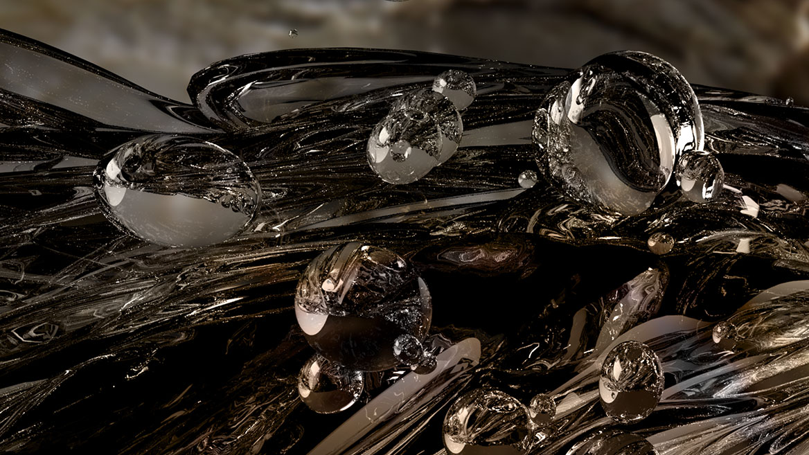 Water/air bubbles reflect the surrounding scenery.