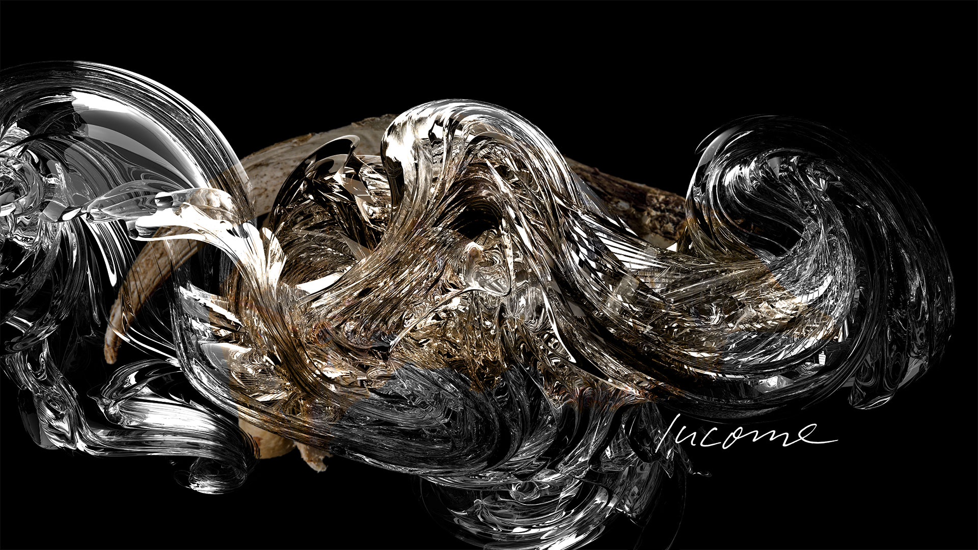 Another surge of water floods the goat’s head. The word -Income- is the title of the picture. The water is artistically created in 3D in all motifs and has a very brilliant effect. The transparent overlays of water and skull result in multi-faceted color nuances.