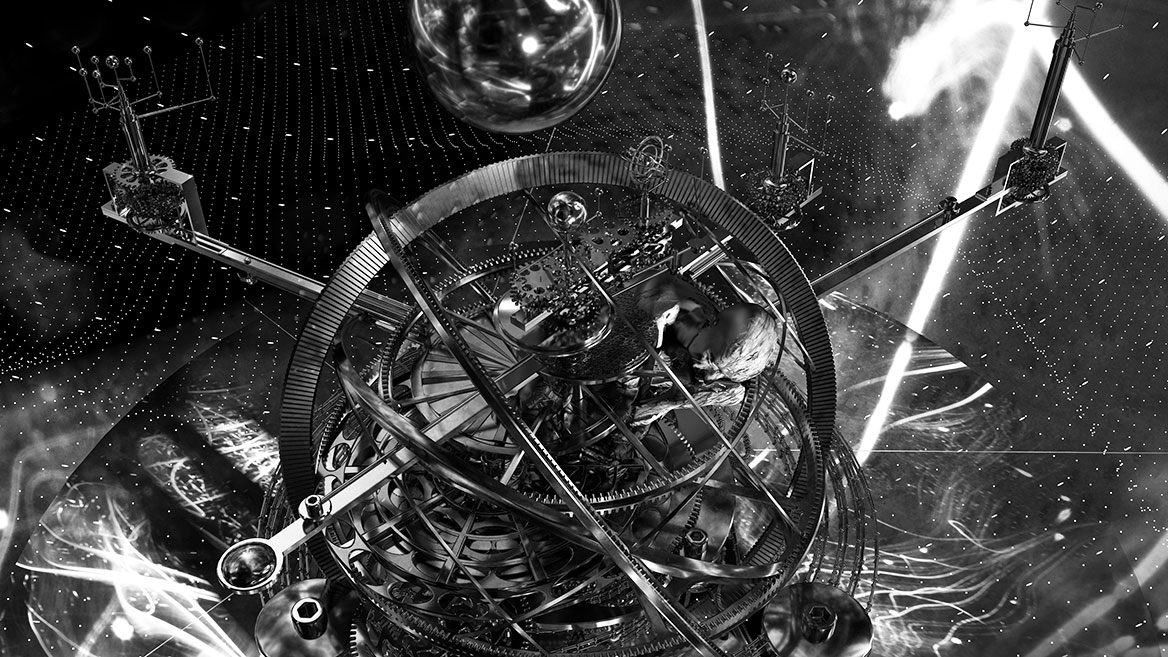 Blick aus der Vogelperspektive auf die Armillarsphäre. Der in der Weltmaschine Gefangene peilt entlang eines metallischen Auslegers der Armillarsphäre.