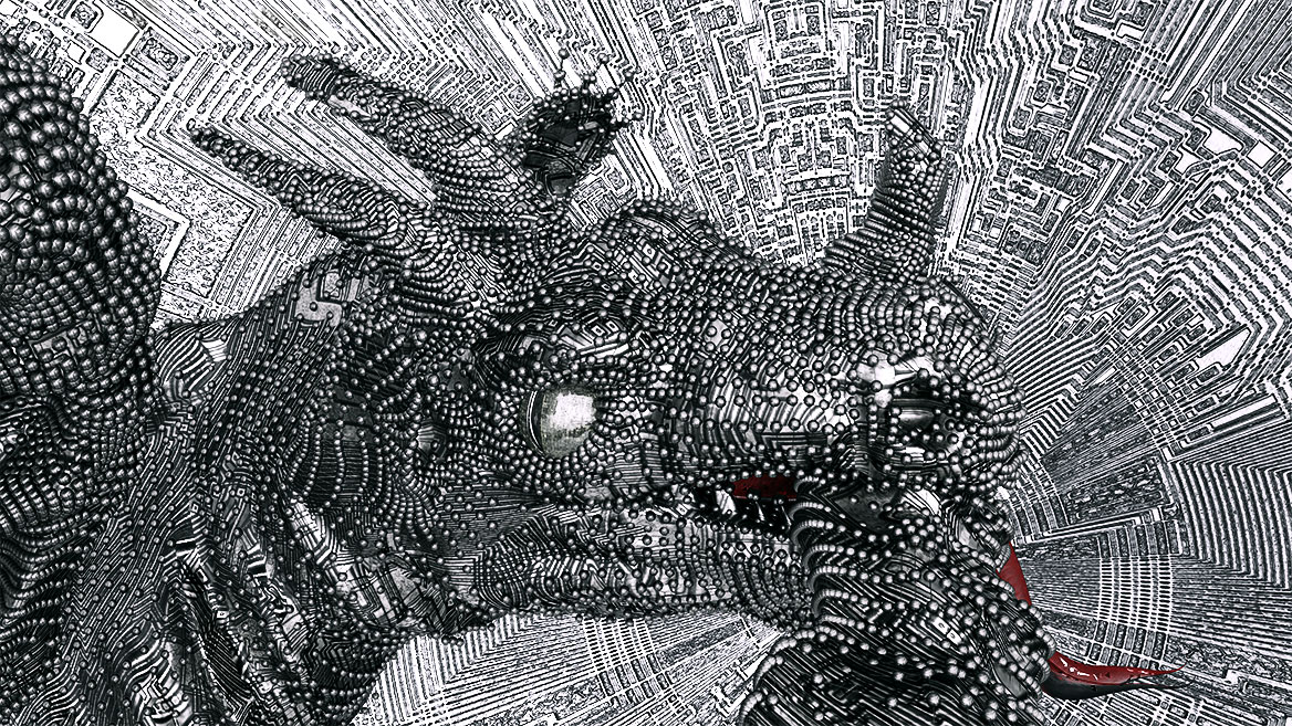Ein künstlicher Drache mit metallischer Haut, die sich aus Mikroelektronik zusammensetzt, beißt sich in den Schwanz und krümmt sich zu einem endlosen Kreis. Das Bild ergänzt seine Bildaussage durch einen urban wirkenden Hintergrund, der auch aus elektronischen Bauteilen aufgebaut zu sein scheint.