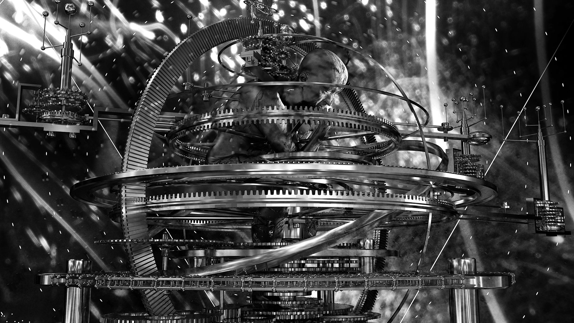 Trapped in the rotating gears and circular rings of a world machine, also called an armillary sphere, sits a thinking man in the pose of Rodin's famous sculpture. The scene is characterized by blurred traces of light in the background. The man seems to be thinking about the course of the world. The picture is composed in black and white shades of gray.
