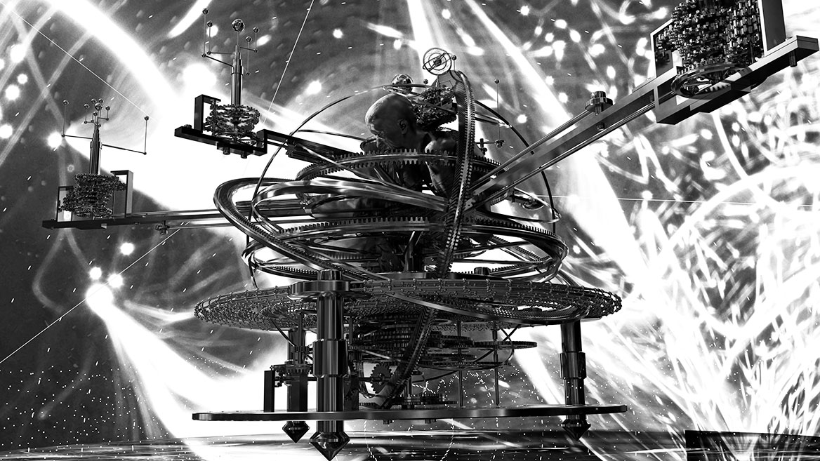 The world machine has once again continued to rotate. A veritable shower of sparks of blurred light can be seen in the background. The image looks very dynamic. The world machine can be captured completely.